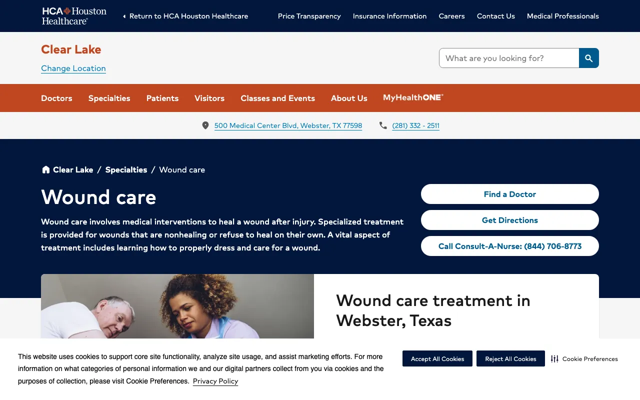 Advanced Wound Treatment Center at HCA Houston Clear Lake website screenshot