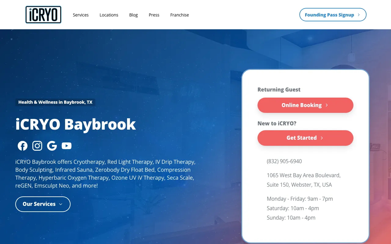 iCRYO BAYBROOK - CRYOTHERAPY + iV THERAPY + BODY SCULPTING + RED LIGHT THERAPY website screenshot