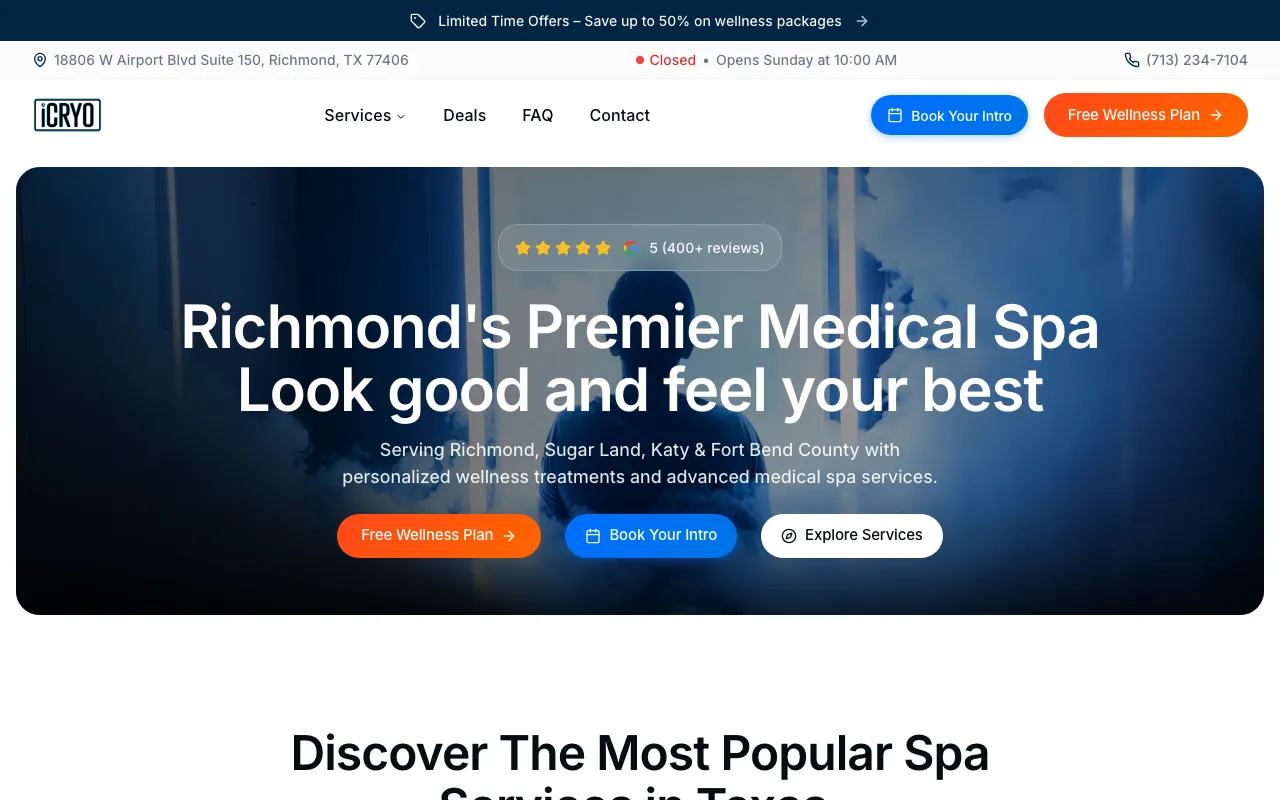 iCRYO Cryotherapy + iV Therapy + Body Sculpting + Red Light Therapy website screenshot