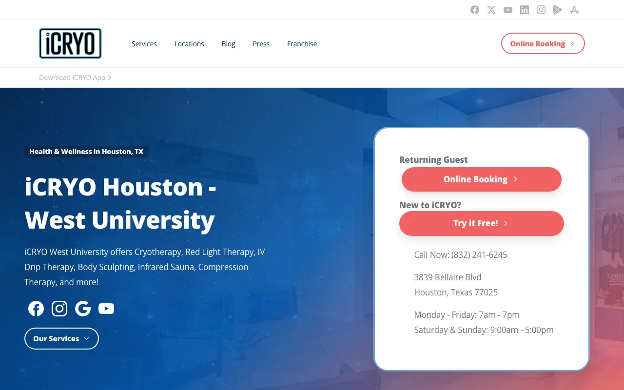 iCRYO West U CRYOTHERAPY + iV THERAPY + BODY SCULPTING + RED LIGHT THERAPY website screenshot