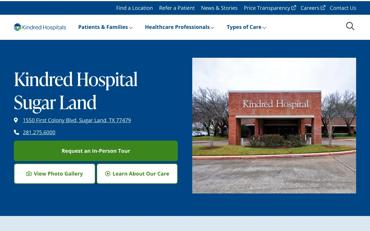 Kindred Hospital Sugar Land website screenshot