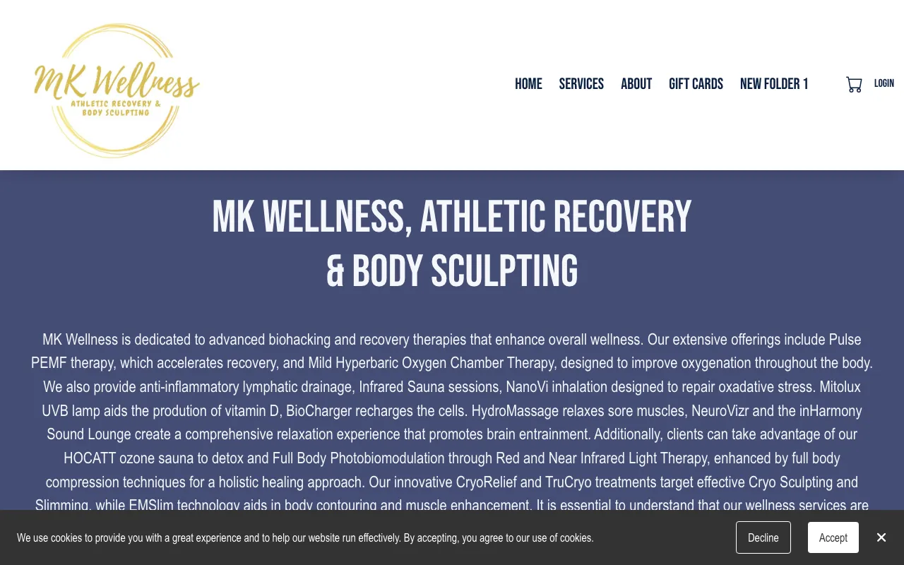 MK Wellness Spa Athletic Recovery & Body Sculpting website screenshot