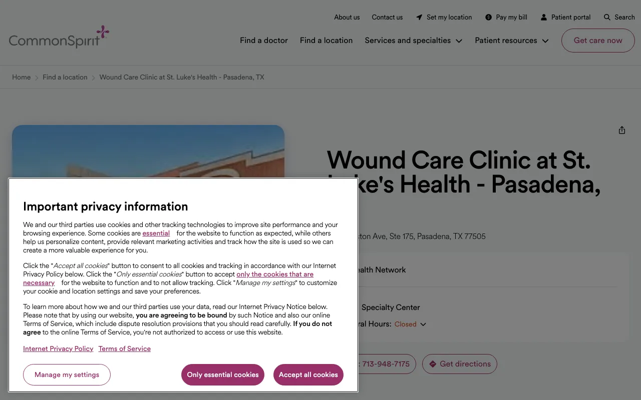 Wound Care Clinic at St. Luke's Health - Pasadena, TX website screenshot