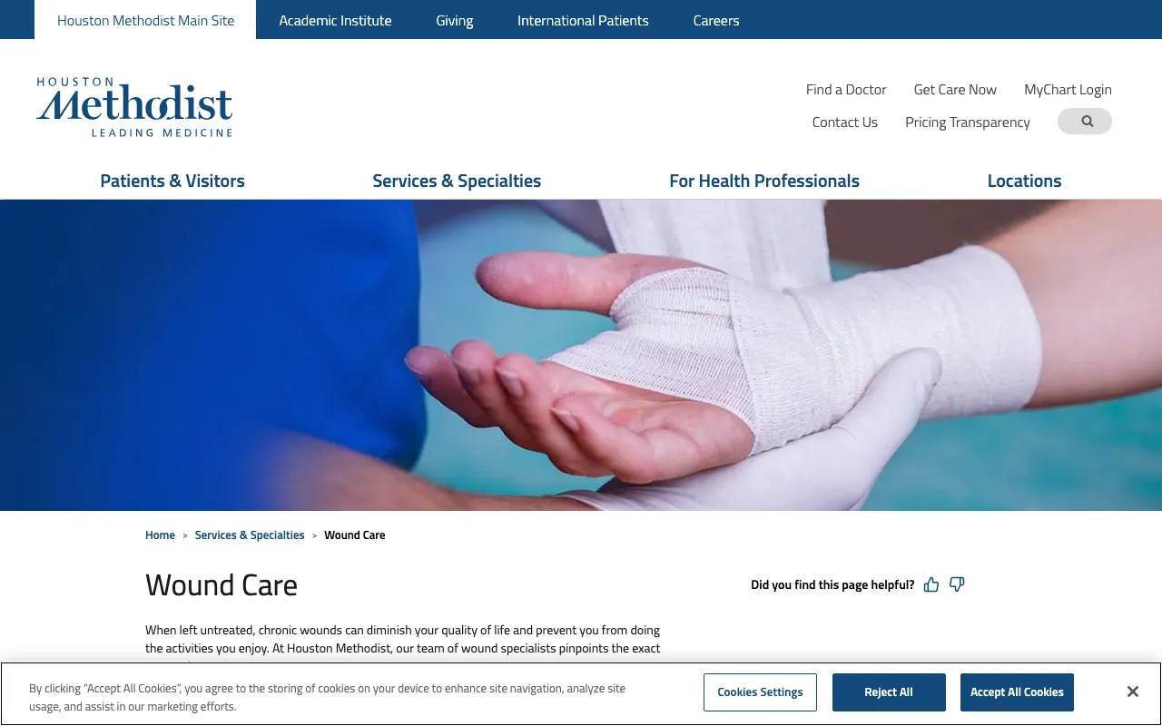 Wound Care Program at Houston Methodist Baytown Hospital website screenshot